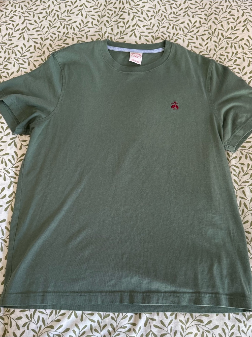 Brooks Brothers Olive Green Short Sleeve Crewneck with Red Embroidered Logo
